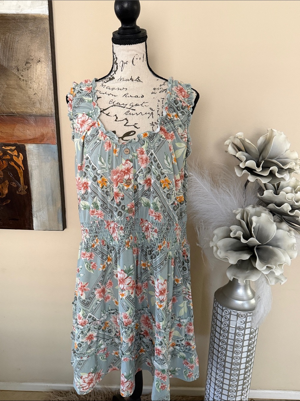 No Boundaries Light Blue Floral Midi Dress with Smocked Waist
